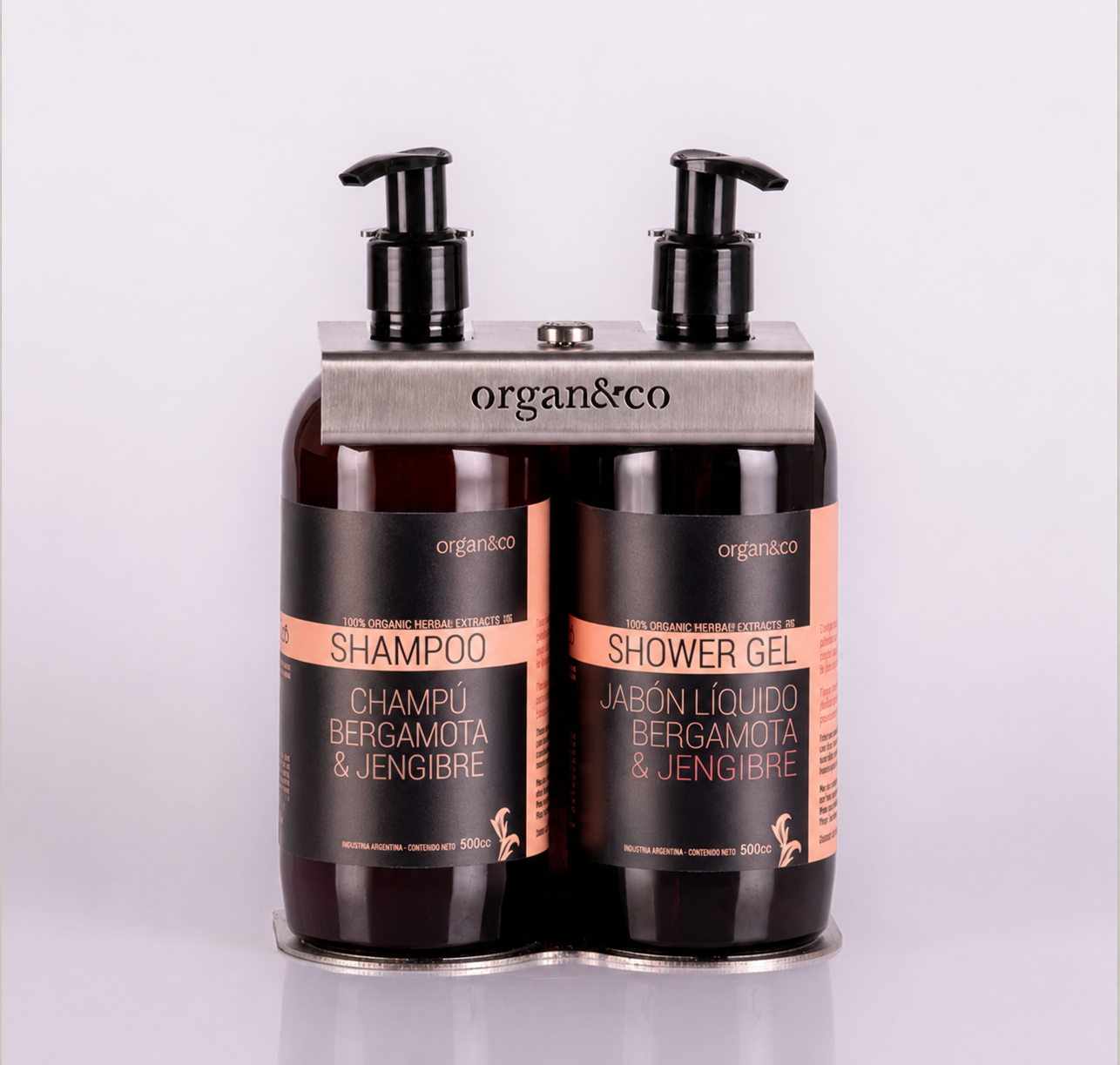 Shampoo y Gel de ducha Soporte DOBLE ACERO con botella de 500cc