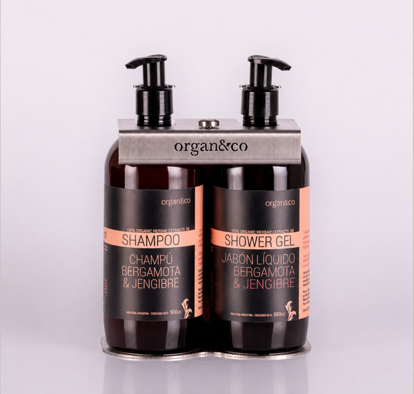 Shampoo y Gel de ducha Soporte DOBLE ACERO con botella de 500cc