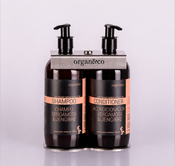 Shampoo y Acondicionador Soporte DOBLE ACERO con botella de 500cc