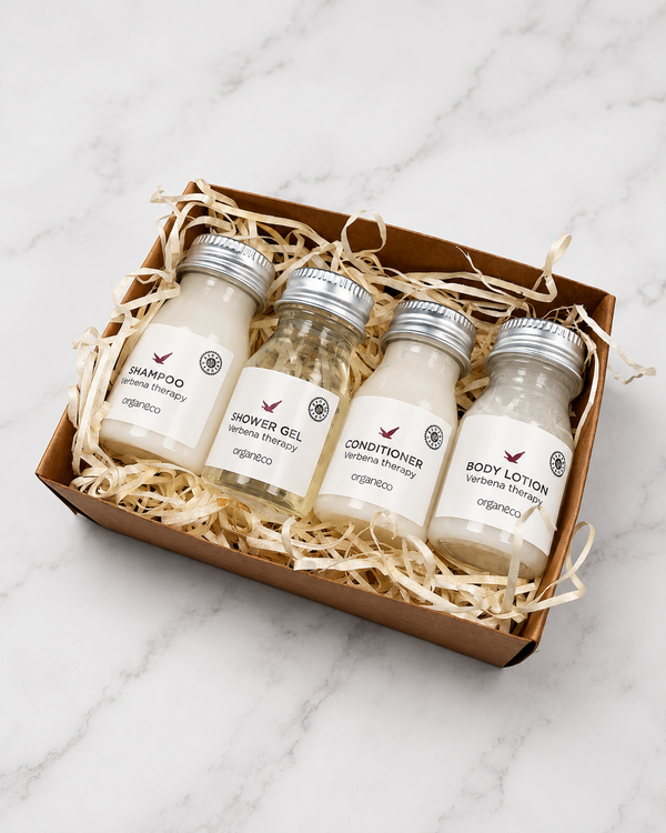Caja con productos amenities con 4 productos