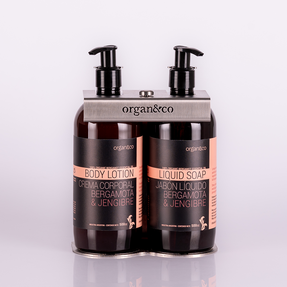 Shampoo y Gel de ducha Soporte DOBLE ACERO con botella de 500cc