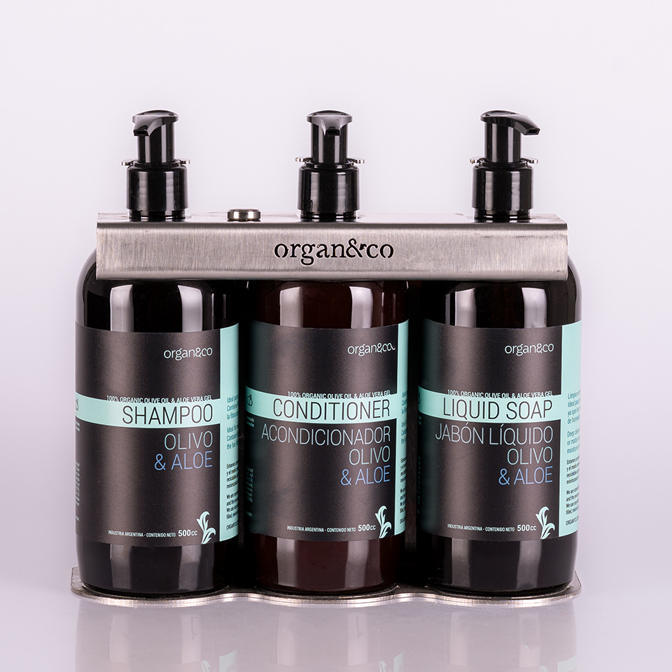 Shampoo/ Acondicionador y Gel de ducha Soporte TRIPLE ACERO con botella de 500cc